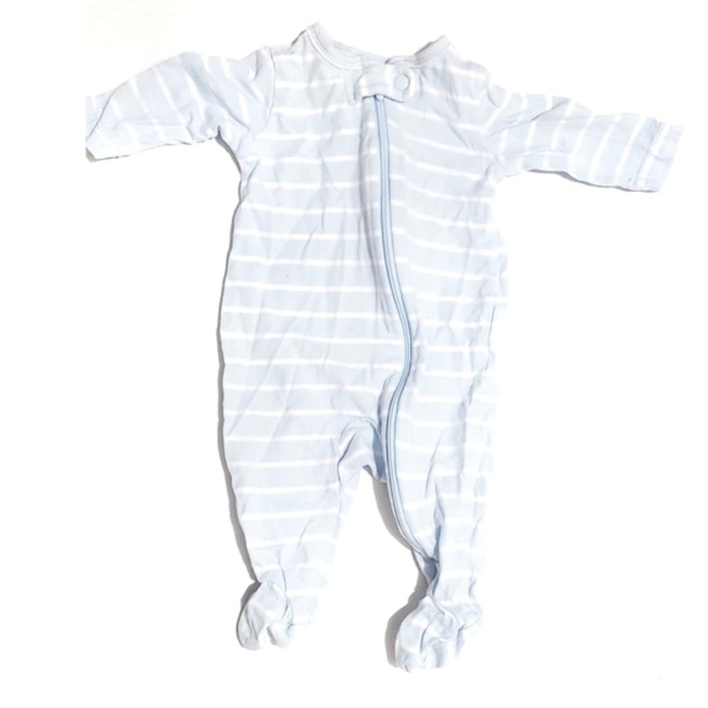 pale blue and white strip zip sleeper pajamas foot